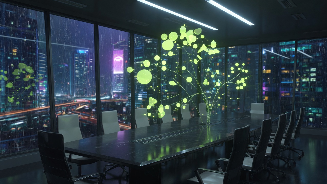 Empty boardroom and holographic org chart