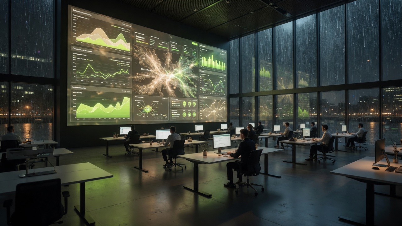 Operations floor at night with live dashboards